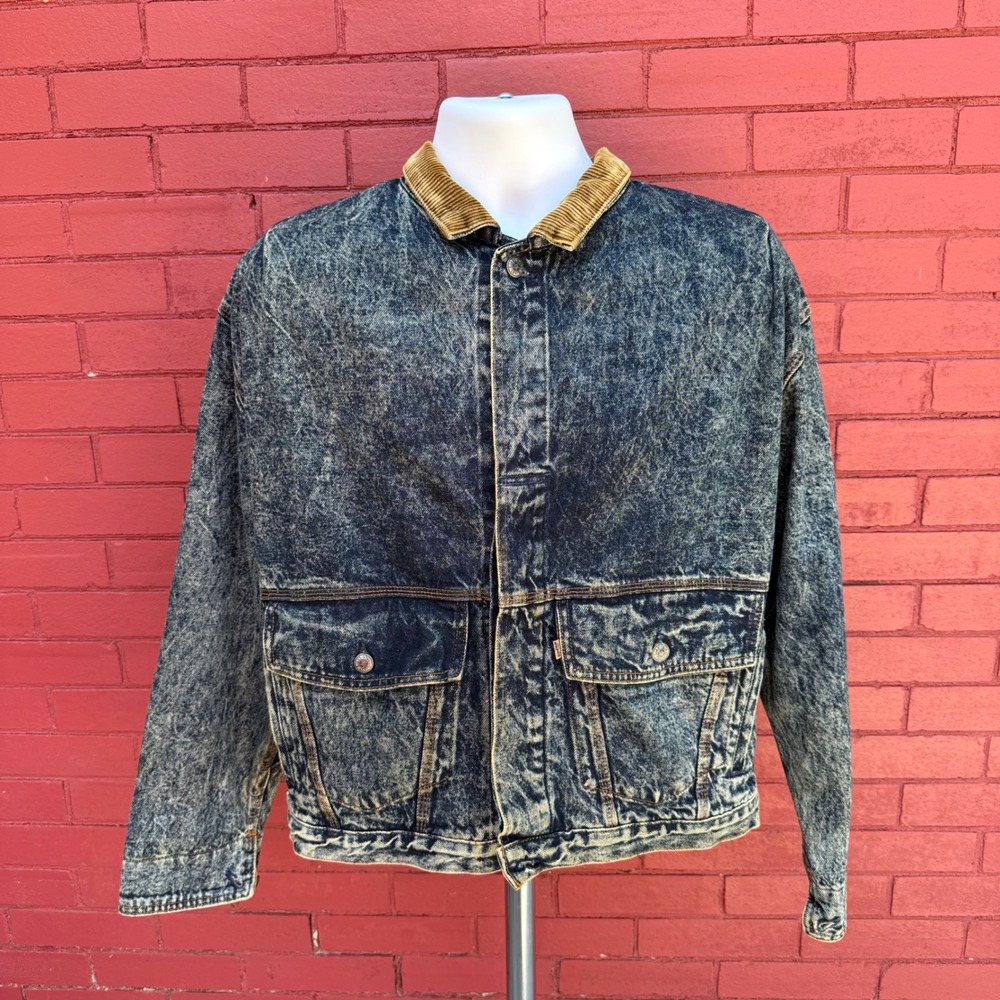 Vintage Levis Acid Wash Denim Bomber Jacket Corduroy Collar Mens Medium USA